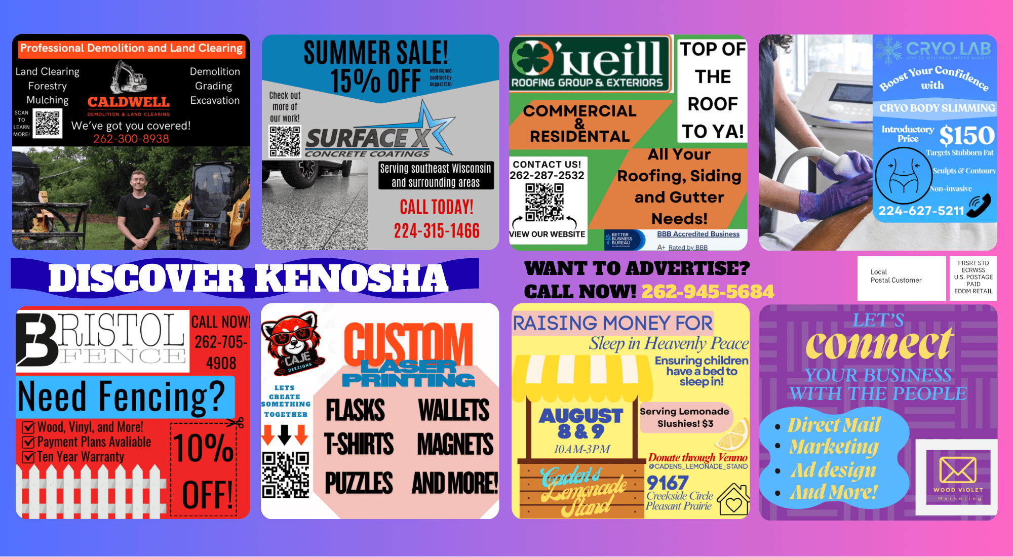 Wood Violet Marketing - Previous shared mailer example showing 8 local business ads on a 6x11 mailer